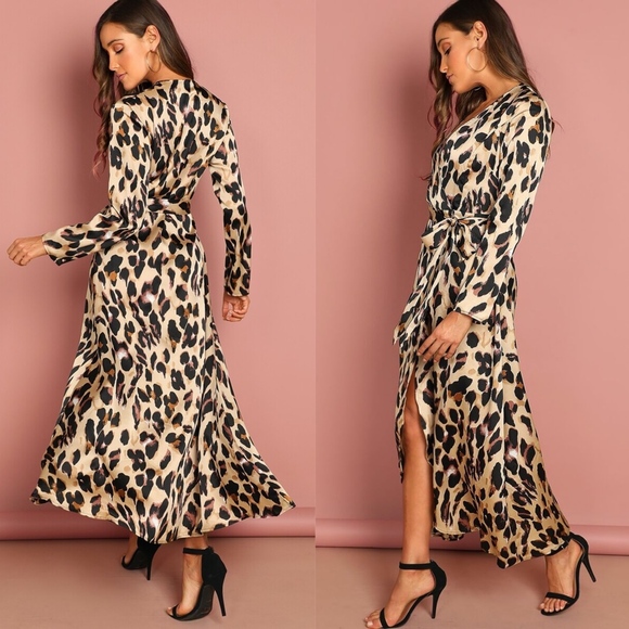 Leopard Print Satin Wrap Maxi Dress boho v neck - Picture 3 of 4